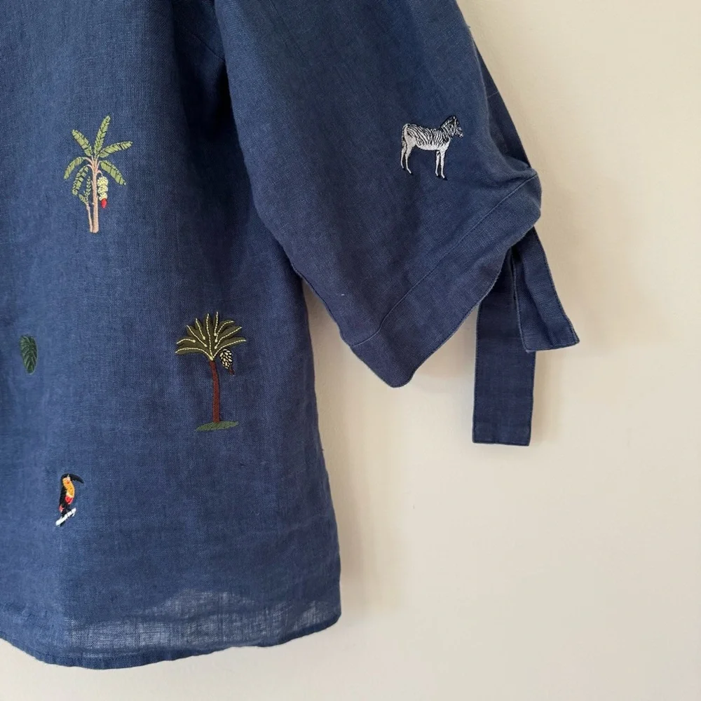 Vilagallo Navy Linen Embroidered Tropical Blouse with Toucan & Palm Motifs Sz 12 - Picture 6 of 13